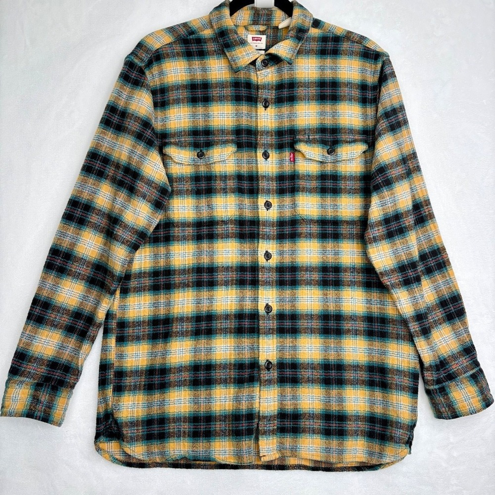Levi's Relaxed‎ Fit Plaid Flannel Shirt Yellow Black Green Mens Medium Western